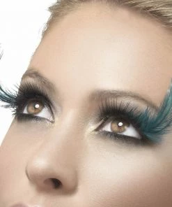 Smiffy's Fever False Eyelashes - Black With Teal Feather Plumes