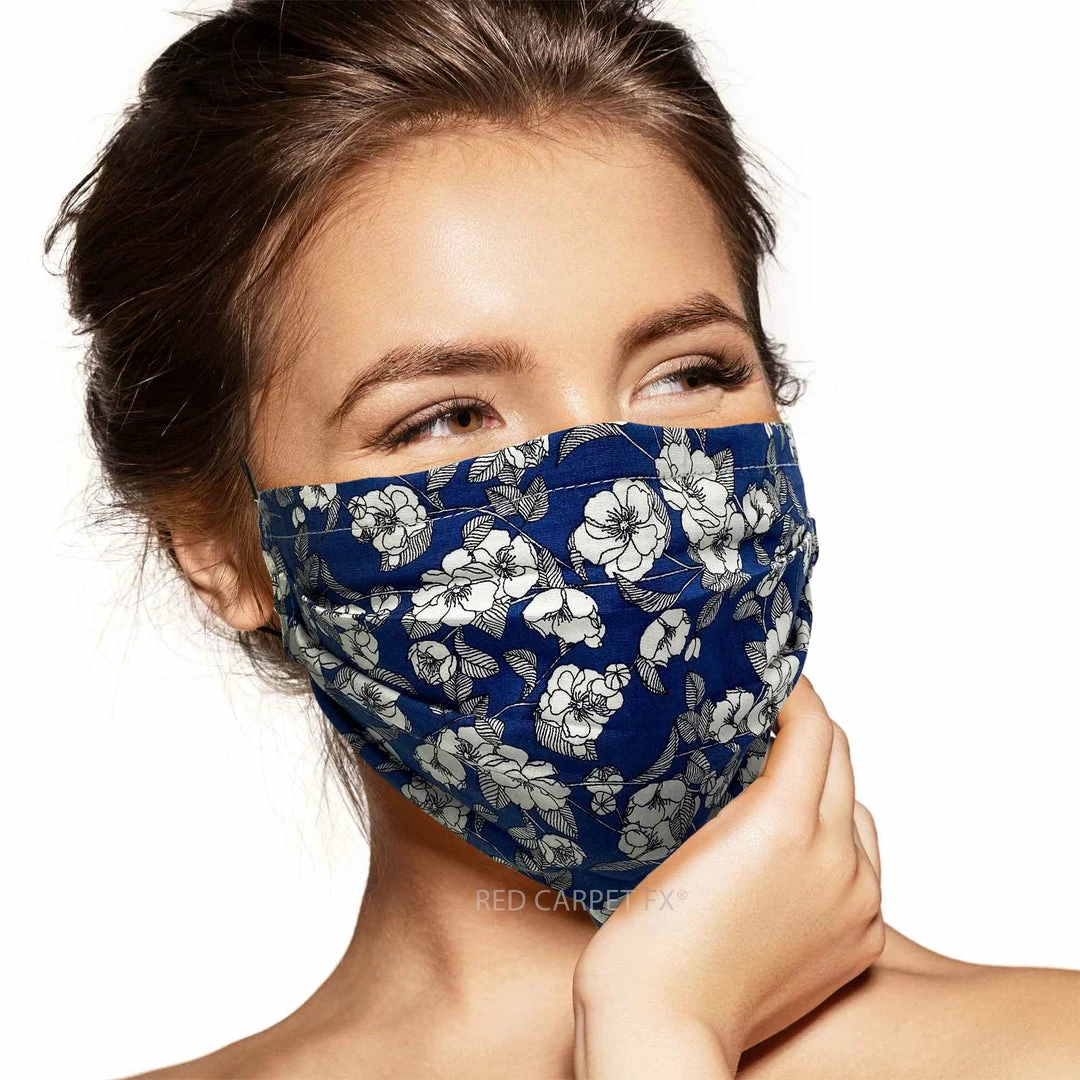 Pebbles Of Leeds Face Masks Pebbles Handmade Pleated Cotton Face Mask - Sketched Flowers On Blue